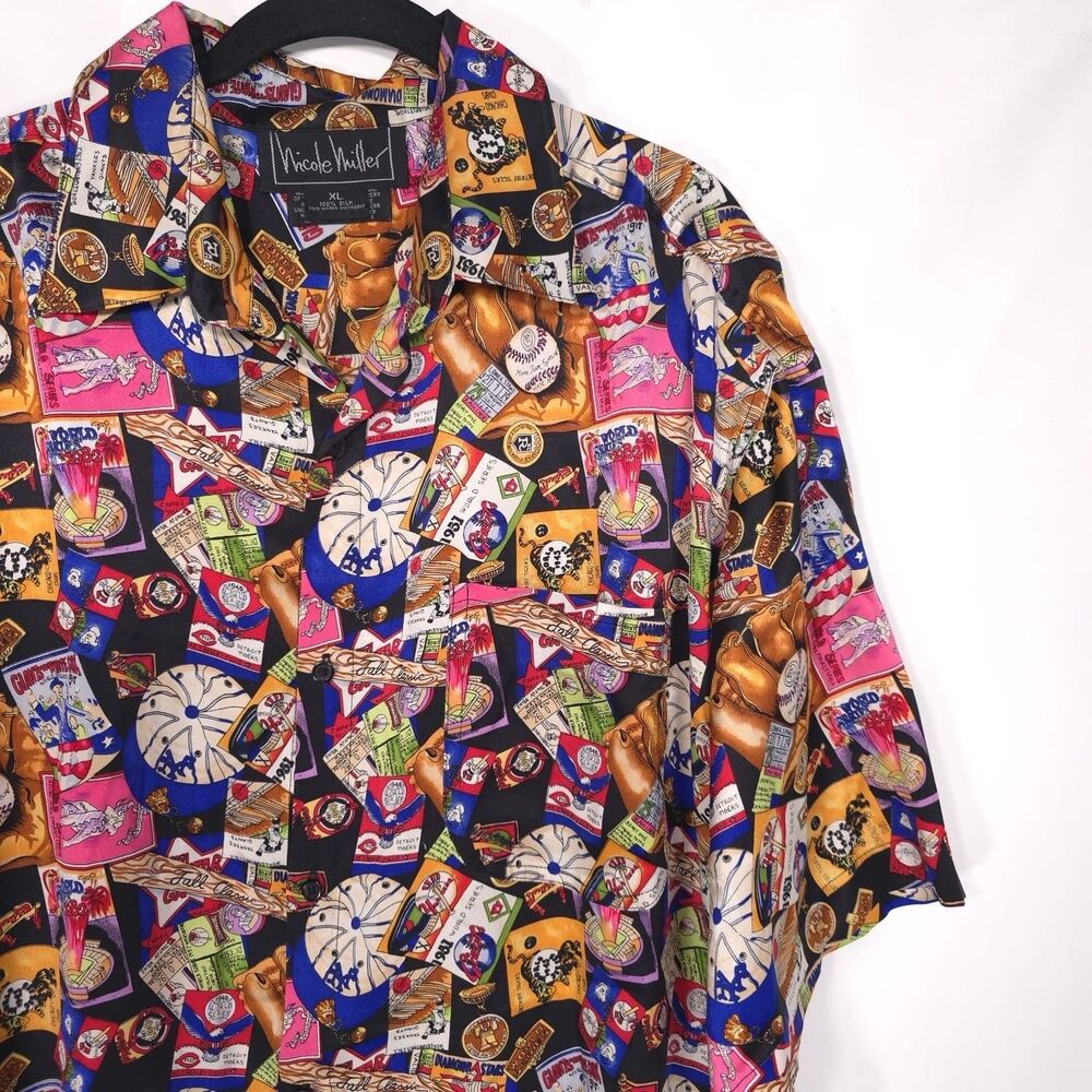 Nicole Miller Vintage Shirt Size XL 100% SILK World Series 90s Short Sleeve RARE
